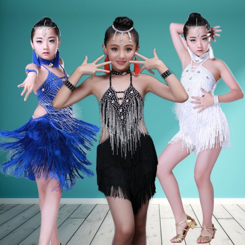 White royal blue black beads fringes stones glitter competition fringes girl's kids children performance latin salsa dance dresses